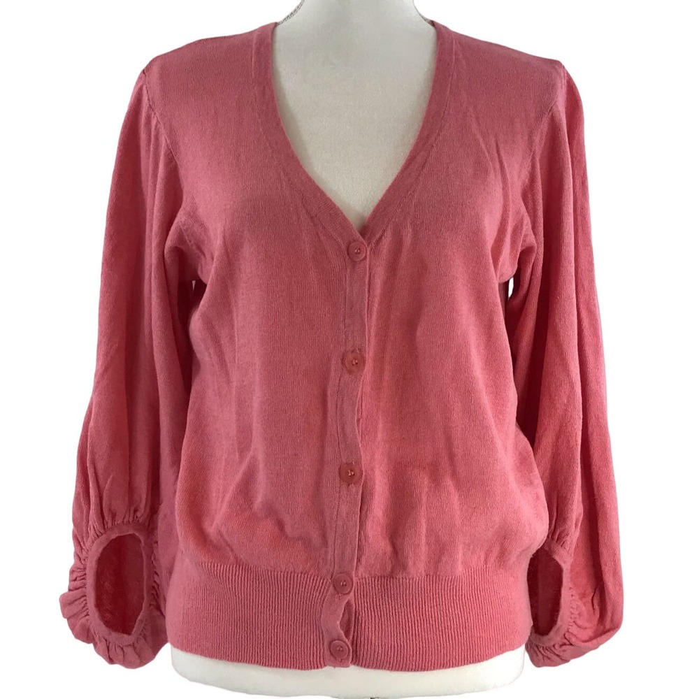 Spring & Mercer Women's Linen Cotton 3/4 Lantern Sleeve Button Front Cardigan L